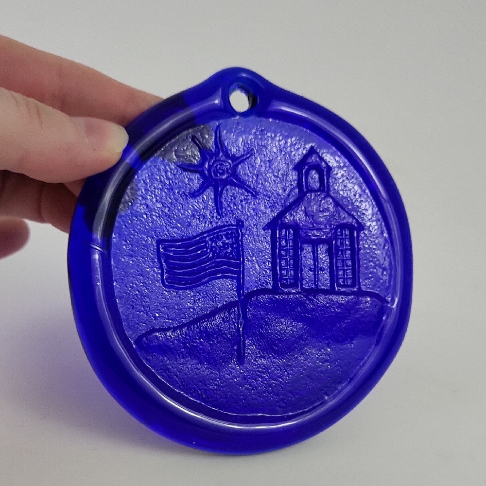 Cobalt Blue Pressed Glass Suncatcher with Schoolhouse and American Flag